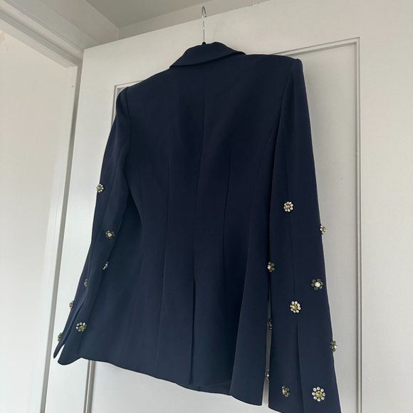 Cinq à Sept Cheyenne Blazer Jacket Rhinestone Flower Embellishments in Navy Sz 4 - Picture 10 of 11